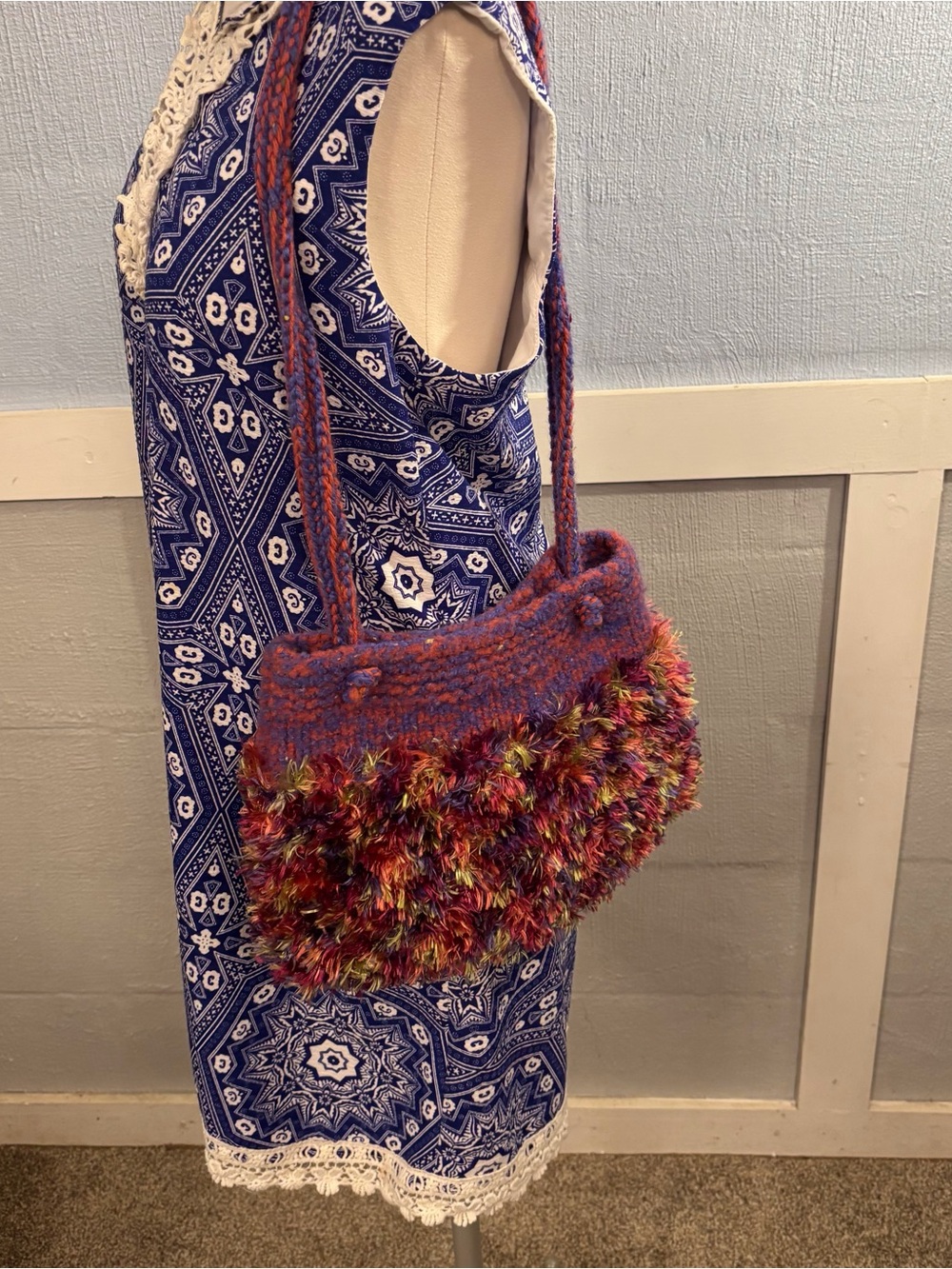 Multicolor Fuzzy Shoulder Bag in Purple Braided  Strap Handmade Small fringe